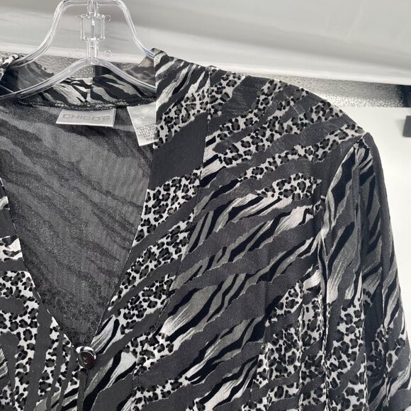 Chico's Velour Animal Print Button Up Top Long Sleeve Black/Multi Small Sheer - Picture 4 of 8